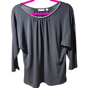 New York & Company Women Black Chain Neck Dolman 3/4 Sleeve Blouse Top Small